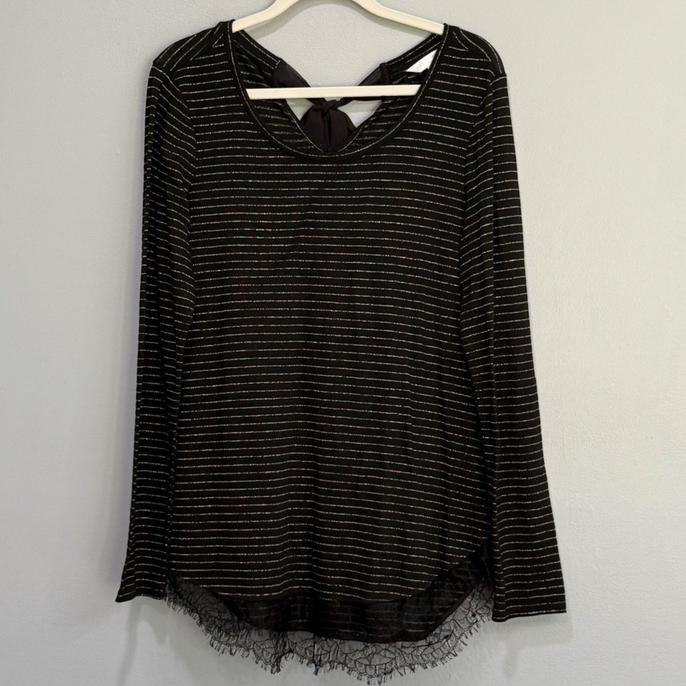 Womens L Black Gold Metallic Striped Eyelash Lace Bow Back Top Coquette